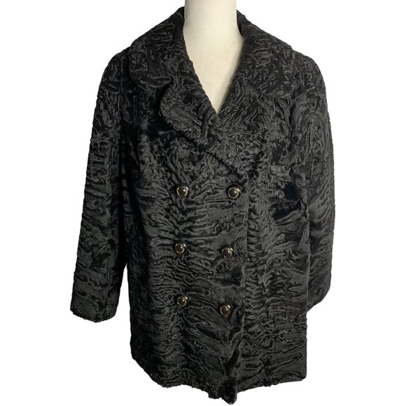 Pelz Zeller Jackets & Blazers - Vintage 60s Pelz Zeller Curly Lamb Wool Fur Coat L Black Hook Closure Pockets